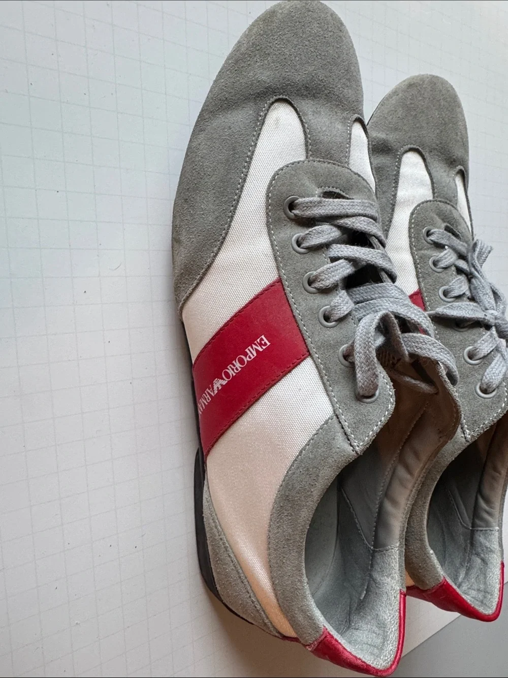 Emporio Armani Gray, White & Red Low-Top Sneakers